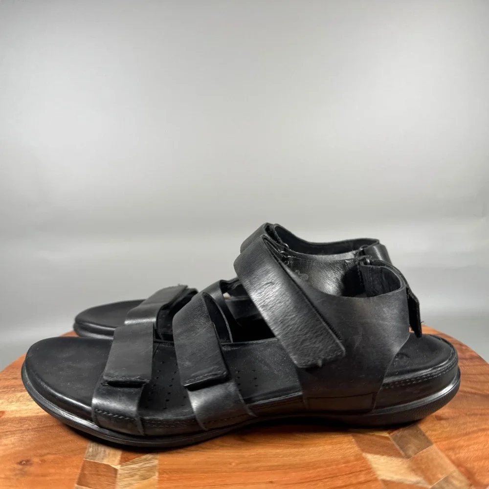 ECCO Simpil Black Leather Strappy Flat Sandals Women's EU 40 US 9-9.5